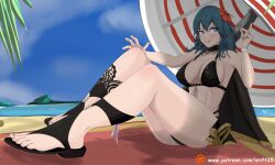 1girls alternate_costume beach bikini black_bikini black_swimsuit blue_hair breasts byleth_(fire_emblem) byleth_(fire_emblem)_(female) byleth_(summer)_(fire_emblem)_(female) feet female_protagonist fire_emblem fire_emblem:_three_houses fire_emblem_heroes foot_fetish large_breasts mrff25 nintendo no_socks official_alternate_costume outdoors outside sandals solo solo_female swimsuit