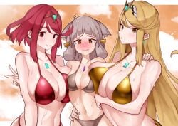 3girls absurd_res absurdres alternate_costume arm_around_waist asymmetrical_docking big_breasts bikini bikini_top bisexual_panic blonde_hair blush blushing breast_envy breast_press breasts cat_ears catgirl core_crystal docking female gold_eyes grey_hair hand_on_waist highres huge_breasts large_breasts looking_at_viewer mythra nervous nia oniisan02b pyra red_eyes red_hair red_swimsuit sweatdrop swimsuit xenoblade_(series) xenoblade_chronicles_2 yellow_hair yotsuha_uni yotsuhauni