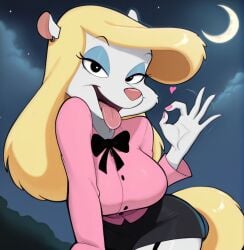 ai_generated animaniacs blonde_hair bow fellatio_gesture female furry furry_female garter_straps long_hair long_sleeves looking_at_viewer minerva_mink moon nail_polish night pink_shirt skirt stable_diffusion tail tongue tongue_out white_fur