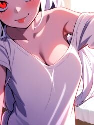 1girls ai_generated armpits bare_shoulders big_breasts breasts cerberus_(helltaker) cleavage demon demon_girl dog_girl female helltaker oversized_clothes red_eyes seductive selfie solo t-shirt tongue_out white_hair white_shirt