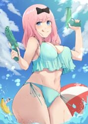 :q aqua_bikini ball banana_boat beachball bikini black_bow black_mutou blue_eyes blue_sky bow breasts cleavage commentary_request cowboy_shot dual_wielding female finger_on_trigger fujiwara_chika hairbow holding holding_water_gun kaguya-sama_wa_kokurasetai_~tensai-tachi_no_renai_zunousen~ large_breasts long_hair looking_at_viewer navel ocean pink_hair shinomiya_kaguya side-tie_bikini_bottom sky solo_focus stomach swimsuit tongue tongue_out trigger_discipline wading water water_gun