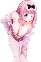 1girls bent_over black_bow black_bowtie blue_eyes bow bowtie breasts cleavage downblouse female fujiwara_chika hair_ribbon hand_on_knee hand_on_own_hip hand_on_own_knee hanging_breasts highres kaguya-sama_wa_kokurasetai_~tensai-tachi_no_renai_zunousen~ large_breasts leaning_forward long_hair one_eye_closed pantyhose pink_sweater puckered_lips re:ankh ribbon simple_background solo sweater white_background white_pantyhose wink