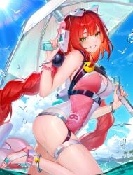 1girls ass_cheeks bath beach costume feet female green_eyes hoyoverse mihoyo pose red_hair sandals sea seaside seducing seduction seductive seductive_body seductive_eyes seductive_gaze seductive_look seductive_mouth seductive_pose seductive_smile smile smiling smiling_at_viewer smirk smirking smirking_at_viewer swimsuit swimwear thick_thighs thighs toes ukinami_yuzuha zenless_zone_zero