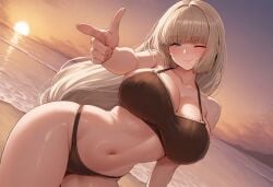 ai_generated bombergirl braided_hair breasts brown_bikini female huge_breasts large_breasts light_brown_hair long_hair pointing sepia_belmont sunrise thick_thighs wink