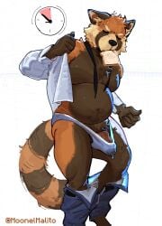 absurd_res bodily_fluids bread clothing food genital_fluids genitals hi_res male mammal moonelmalito non-human non-human_only penis precum procyonid raccoon shirt simple_background solo tail topwear underwear