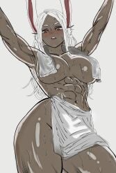2d 2d_(artwork) abs after_bath arms_up belly_button boku_no_hero_academia bunny_ears colored dark-skinned_female dark_skin dominant dominant_female female greyscale looking_at_viewer mirko miruko mommy monochrome muscular muscular_female my_hero_academia naked navel nude rabbit_ears rumi_usagiyama shaded sweat sweatdrop sweating thick_thighs thighs toned toned_female towel towel_around_neck towel_only white_hair