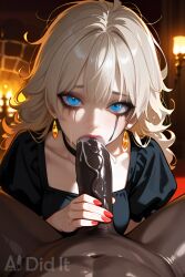 1boy 1girl 1girls ai_generated aididit big_breasts black_dress blonde_hair blue_eyes breasts cleavage cum cum_in_mouth dark_skin earrings fellatio female girl hand_on_penis huge_cock large_breasts light_skin male penis puffy_sleeves runny_makeup sad tears