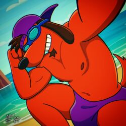1:1 1boy 2024 anthro backwards_hat beach biceps black_nose brown_ears brown_hair bulge canid canine canis chromatic_aberration clothing day digital_drawing_(artwork) digital_media_(artwork) domestic_dog fabfelipe floppy_ears fur hair hat headgear headwear hi_res male mammal navel nipples pecs poochie_(the_simpsons) purple_clothing purple_hat purple_headwear purple_speedo purple_swimwear red_body red_fur sea selfie sky smile snout solo speedo swimwear tail teeth the_simpsons water wearing_eyewear wearing_hat