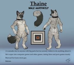 aardwolf absurd_res black_stripes collar collar_only digitigrade fur grey_body grey_fur head_tuft hi_res hyena male mammal nude red_eyes reference_image stripes sunitai tail tuft