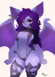 1girls 2024 acrystra anthro bat black_thighhighs chiropteran drakenkoft earrings female female_only fur furry long_hair looking_at_viewer narrowed_eyes purple_eyeshadow purple_fur red_eyes side-tie_panties slingshot_bikini slit_pupils solo thick_thighs thighhighs torn_thighhighs very_high_resolution white_background wings