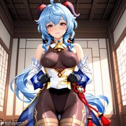 ahoge ai_generated artist_name ass_visible_through_thighs bangs bare_shoulders bell black_gloves black_leotard blue_hair blush bodystocking breasts chinese_knot closed_mouth clothes_lift cowbell cowboy_shot detached_sleeves female flower_knot ganyu_(genshin_impact) genshin_impact gloves gold_trim groin high_resolution highres horns indoors leotard leotard_under_clothes lifted_by_self long_hair long_sleeves looking_at_viewer medium_breasts neck_bell pantyhose pelvic_curtain purple_eyes sidelocks smile solo stable_diffusion standing tassel thigh_gap thighlet thighs very_long_hair vision_(genshin_impact) waifuscans418 white_sleeves