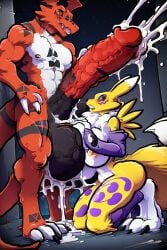 ai_generated balls breasts cum cumshot digimon digitigrade duo female furrypornaddiction guilmon hourglass_figure huge_balls huge_breasts huge_cock hyper hyper_balls hyper_penis larger_male male male/female muscular muscular_male penis size_difference smaller_male sparrow_like_art veiny_balls veiny_penis