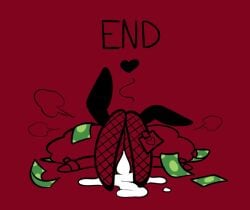 anthro bodily_fluids bunny_costume canid canine clothing costume cum cum_from_vagina cum_in_vagina cum_inside female fishnet_clothing fishnet_legwear genital_fluids hair heart_symbol legwear mammal money monotone_background oozing_cum puppysnackz solo