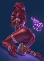 anklet anus ass bazinga breasts cameo commentary elbow_gloves english_commentary female finger_to_mouth fishnet_gloves fishnets from_behind full_body gloves goo_girl jar jewelry kneeling large_breasts lips long_hair looking_back masturbation monster_girl neon_lights nipples original original_character red_eyes red_hair red_skin slime soles solo thigh_strap toes uncensored vaginal_penetration