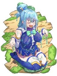 1girls absurdres aqua_(konosuba) blue_boots blue_eyes blue_hair blue_shirt blue_skirt blue_thighhighs boots bow bowtie breasts detached_sleeves female green_bow green_bowtie hair_ornament hair_rings highres kono_subarashii_sekai_ni_shukufuku_wo! large_breasts long_hair looking_at_viewer no_panties one_eye_closed open_mouth re:ankh shirt single_hair_ring sitting skirt solo thigh_boots thighhighs thighhighs_under_boots tongue tongue_out wariza wet wet_clothes