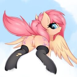 2018 ass blush clothing cloud cutie_mark equine feathered_wings feathers female feral fluttershy_(mlp) friendship_is_magic hair legwear looking_at_viewer looking_back mammal my_little_pony outside pegasus pussy sky socks solo twiren wings