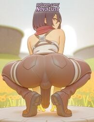 1futa 2025 ai_generated artist_name ass attack_on_titan boots brown_hair from_behind futanari hi_res high_quality high_resolution highres intersex looking_at_viewer looking_back mikasa_ackerman novalust pantylines patreon patreon_username purple_eyes red_scarf scarf solo squatting stable_diffusion watermark
