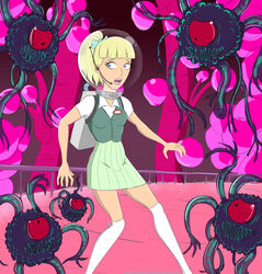 1girls annie_(rick_and_morty) blonde_hair blue_eyes clothes female imminent_rape kneesocks lucy_lovecraft miniskirt monster open_mouth pink_lipstick rick_and_morty scared skirt small_breasts space_helmet tentacles