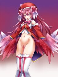 !? ^^^ blush bottomless bow bowtie censored cleft_of_venus commentary_request dress feathered_wings female gold_trim gradient_background hair_between_eyes hair_ornament hat highres jewel_princess_ruby long_hair low_wings mosaic_censoring multiple_wings navel not_makigai open_mouth pink_bow pink_bowtie pink_hair pink_wings pussy red_dress red_eyes red_hat red_wings shinrabanshou solo surprised sweatdrop thighhighs white_wings wings