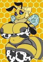 antennae_(anatomy) anthro arthropod ass bee big_breasts black_nipples blue_eyes blush breasts clothed clothing cow_costume digital_media_(artwork) female hair hi_res hymenopteran insects kranlax_karasu mammal nipples smile solo tail vihana_(kranlax_karasu) wings yellow_body
