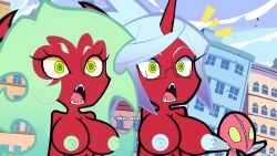 blue_hair breast_expansion demon demon_girl female green_hair kneesocks_daemon otakusedits panty_&_stocking_with_garterbelt scanty_daemon twins