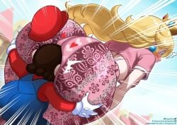 1boy 1girls ass ass_grab big_ass blonde_hair breasts eating_ass face_in_ass female flare_pants forbidden_pants huge_breasts kogeikun larger_female male mario mario_(series) princess_peach size_difference smaller_male surprised surprised_expression surprised_face taller_female