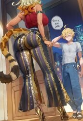 1boy 1girls absurd_res aether_(genshin_impact) ai_assisted ai_generated arm_on_side ass ass_focus bell_bottoms_(pants) casual clenched_hand comic_page dark-skinned_female embarassed english_text female flare_pants forbidden_pants from_behind from_below genshin_impact hand_on_hip high_heels huge_ass imminent_sex liu_(artist) male standing straight tail thick_thighs xilonen_(genshin_impact)