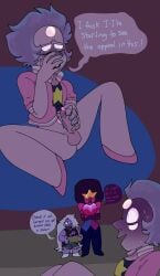 amethyst_(steven_universe) blush blushing_profusely bottomless chimeracocks closed_eyes covering_face embarrassed face_shadow garnet_(steven_universe) gem_(species) gem_fusion masturbation multi_eye partially_clothed precum rainbow_quartz_2.0 steven_universe sweat uncut walked_in_on