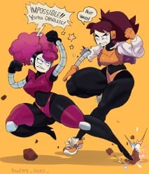 2girls battle catfight female female_focus fight fighting newtype_hero ponytail puffy_hair pumpkin_(infinitestunnerz) red_hair robot_girl thick_thighs
