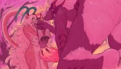 2025 absurd_res all_fours anthro ass barefoot bottomwear breasts brown_body brown_fur closed_eyes clothing cloud digital_media_(artwork) dragon extreme_size_difference feet female flaccid fur futanari genitals grass green_horn group hair hi_res holding_character horn intersex long_hair mythological_creature mythological_scalie mythology nakita_(trololohstuffs) nude open_mouth outside pants penis plant purple_body purple_fur razulia_(trololohstuffs) scalie size_difference smile tail tiklii_(trololohstuffs) tree trololohstuffs