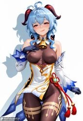 :q ahoge ai_generated bangs bare_shoulders bell black_gloves black_leotard blue_hair blush bodystocking breasts chinese_knot covered_nipples cowbell cowboy_shot detached_sleeves female flower_knot ganyu_(genshin_impact) genshin_impact gloves goat_horns gold_trim groin hand_on_own_chest high_resolution highres horns leotard leotard_under_clothes licking_lips long_hair looking_at_viewer medium_breasts naughty_face neck_bell pantyhose pelvic_curtain purple_eyes sidelocks smile solo stable_diffusion standing tassel thigh_gap thighlet thighs tongue tongue_out vision_(genshin_impact) waifuscans418 white_background white_sleeves