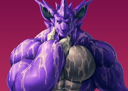 1boy 3_fingers abs anthro bara big_ears big_hands bukkake claws cum cum_covered cum_on_arms cum_on_belly cum_on_chest cum_on_face cum_on_hands facial gay green_eyes horn kuron looking_at_viewer male male_only messy metokuron muscular muscular_male nidoking nintendo no_nipples nude original_character patreon pecs pokemon pokemon_(species) pokemon_rgby purple_skin red_background scalie smile solo spikes syrinox text topless video_games watermark yaoi