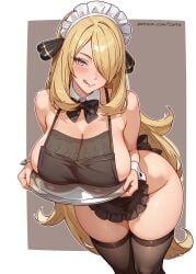 1girls alternate_version_available apron big_breasts black_apron black_eyes black_thighhighs blonde_hair blush breasts breasts_on_tray cetta_(cettadvd) cleavage cynthia_(pokemon) female female_only game_freak hair hair_ornament hair_over_one_eye headwear hips holding_object holding_tray huge_breasts legwear long_hair maid maid_apron maid_headdress maid_outfit maid_uniform mature mature_female mature_woman neckwear pokemon pokemon_dppt ribbon smile solo solo_female thick_thighs thighhighs thighs tongue tongue_out tray wide_hips