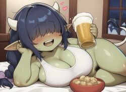 ai_generated bangs bangs_over_eyes beer black_hair breasts brie_oc colored_skin cow_horns cow_tail drunk female goblin_female green_skin hair_over_eyes hearts_around_head large_breasts laying_on_bed pointy_ears pubic_hair tank_top twin_braids