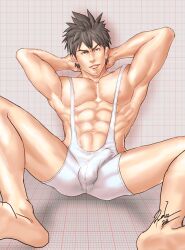 1boy 2016 abs arms_behind_head ass barefoot black_hair bulge character_request dated gay male male_only muscular nipples penis penis_outline sauvage7 signature simple_background solo spiky_hair spread_legs wrestling_outfit yaoi