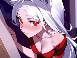 1girls ai_generated bare_shoulders big_breasts breasts cerberus_(helltaker) cleavage demon demon_girl dog_ears dog_girl female helltaker oversized_clothes red_eyes seductive solo t-shirt white_hair