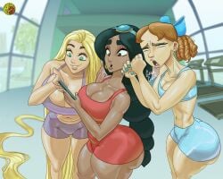 3girls aladdin aladdin_(1992_disney_film) arabian arabian_female artfoo_1 big_breasts black_hair blonde_hair breasts british british_female crossover dark-skinned_female dark_skin disney disney_princess fellatio_gesture female gym gym_uniform huge_breasts light-skinned_female light_skin peter_pan_(disney) princess_jasmine rapunzel tangled wendy_darling