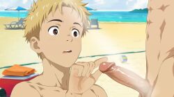 2boys 2d age_difference animated animation anime anime_style beach beach_umbrella big_dick big_eyes big_mouth big_penis boys cloud clouds cock_hungry cute day daytime dick dick_sucking erect_penis eye_contact foreskin gay gay_blowjob gay_sex human leaking licking_penis light_skin male male_only muscles muscular naked open_mouth outdoor_background outdor outdors outside penis sand sea size_difference spiked_hair sunlight sunny sunny_day sweat sweatdrop tagme teen teenager teens teeth twinks umbrella uncircumcised uncut video warm warm_colors water yaoi yoonwings young