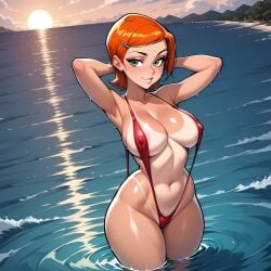 2d ai_generated beach ben_10 bikini cartoon cartoon_network cartoony cute green_eyes gwen_tennyson needmymommy orange_hair sling_bikini water western_art