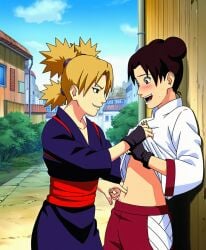 2girls against_wall ai_generated assertive assertive_female before_sex belly_button blonde_hair breasts brown_hair embarrassed female female/female female_only finger_in_belly_button harassment kabedon konoha konohagakure manga_style molestation multiple_girls naruto naruto_(series) naruto_shippuden sexual_harassment sexually_suggestive shounen_jump shueisha suggestive talking temari tenten tickles518 underboob undressing yuri