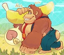 anthro ass banana bottomwear clothing donkey_kong_(character) donkey_kong_(series) donkey_kong_bananza food fruit haxsmack kong male male/male mammal necktie nintendo pants plant primate simian_(species) solo suspenders teasing teasing_viewer torn_bottomwear torn_clothing torn_pants