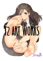 ai ai_art ai_assisted ai_generated brown_hair feet female long_hair panties pussy shirt simple_background skirt solo spread_legs white_background