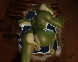 3d_(artwork) 5:4 amphibian anthro anus ass balls digital_media_(artwork) erection frog genitals hi_res humanoid male no-name-no-problem nude penis smile solo