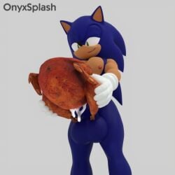 1boy animal_ears ass balls blue_fur blue_hair breasts cat_ears cum felicia female food fur furry gloves green_eyes hedgehog male nipples onyxsplash penis sex_with_turkey solo sonic_(series) sonic_the_hedgehog stuffed_turkey turkey white_gloves