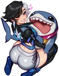 ass black_hair blue_eyes blushypixy blushyspicy breasts female fins jacket jeff_the_land_shark looking_at_viewer luna_snow luna_snow_(marvel_rivals) marvel multicolored_hair shark short_hair smile split-color_hair two_tone_hair white_hair