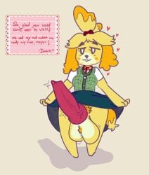 animal_crossing anthro balls big_balls big_penis canid canine canine_penis canis dialogue domestic_dog english_text futanari huge_balls huge_cock intersex isabelle_(animal_crossing) knot mob_face penis skirt_lift solo yellow_fur