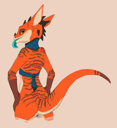 2018 amber_eyes anthro blue_tongue citrus_(character) clothing female flamespitter half-closed_eyes horn kobold looking_at_viewer looking_back orange_skin pussy reptile scalie simple_background smile solo tongue tongue_out