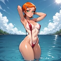 2d ai_generated ben_10 cartoon cartoon_network cartoony cute green_eyes gwen_tennyson needmymommy orange_hair sling_bikini western_art