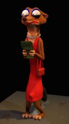 3d_(artwork) anthro bodily_fluids clothed clothing crossdressing crossdressing_male cum digital_media_(artwork) disney dress duke_weaselton embarrassed erection erection_under_clothing gem genital_fluids hi_res jewelry knock-kneed leaking_cum makeup male mammal mascara money mustelid musteline necklace pearl_(gem) pearl_necklace purse running_makeup running_mascara sinicalsix solo true_musteline weasel zootopia