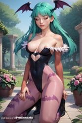 1girls ai_generated animal_print artist_name bare_shoulders bat_print bat_wings black_footwear black_leotard boots breasts bridal_gauntlets cameltoe capcom closed_eyes closed_mouth clothing_cutout collarbone covered_navel darkstalkers day demon_girl female flower full_body green_hair head_wings heart_cutout hi_res highleg highleg_leotard kneeling leotard lips long_hair medium_breasts morrigan_aensland nipple_slip nipples nose outdoors pantyhose patreon_username pink_flower plant print_pantyhose progenarts purple_pantyhose realistic rose solo wings